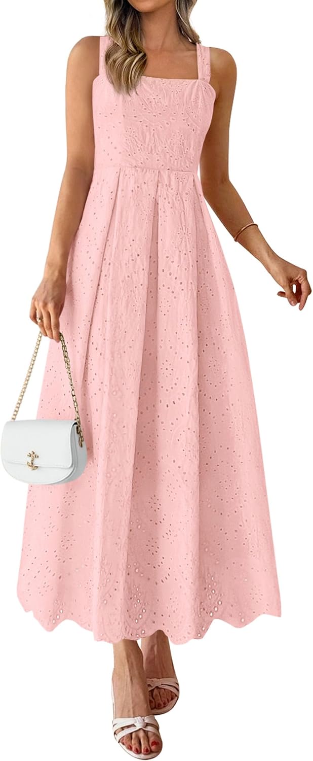 PRETTYGARDEN Womens Sleeveless Eyelet Summer Dresses Pockets | Hollow Out Embroidered Cotton,Adjustable Straps,Square Neck Ruffle Maxi Dress,Smocked back,Flowy Beach Vacation Sundress
