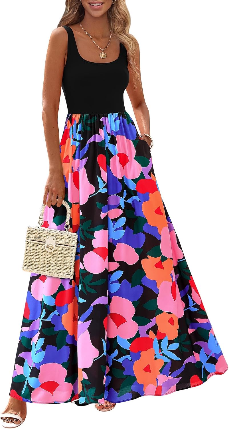 KIRUNDO Women's Summer Maxi Dress Boho Floral Long Sundress | Sleeveless Scoop Neck Tank, Flowy A Line, Bohemian Hawaiian Style Tropical Dresses Pockets, Beach Vacation Cruise Resort Wear
