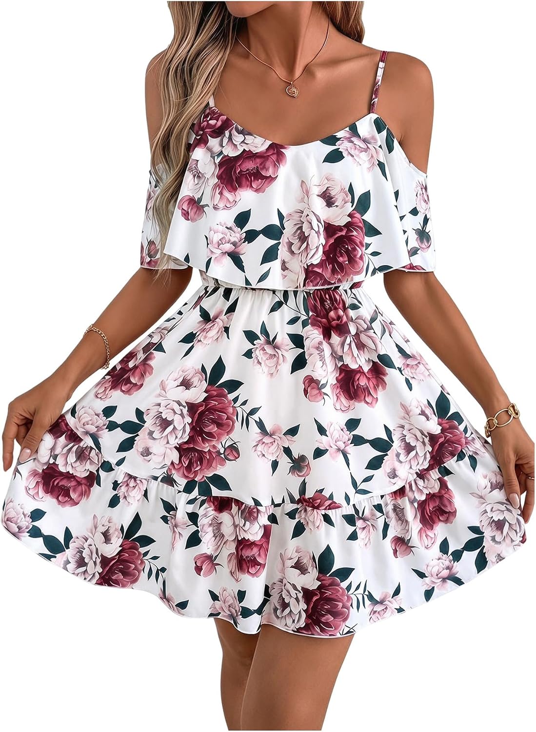 SOLY HUX Women's Summer Floral Mini Dress Cold Shoulder Ruffle Dresses | Boho, Short Sleeve, A Line, Vacation, Sundress