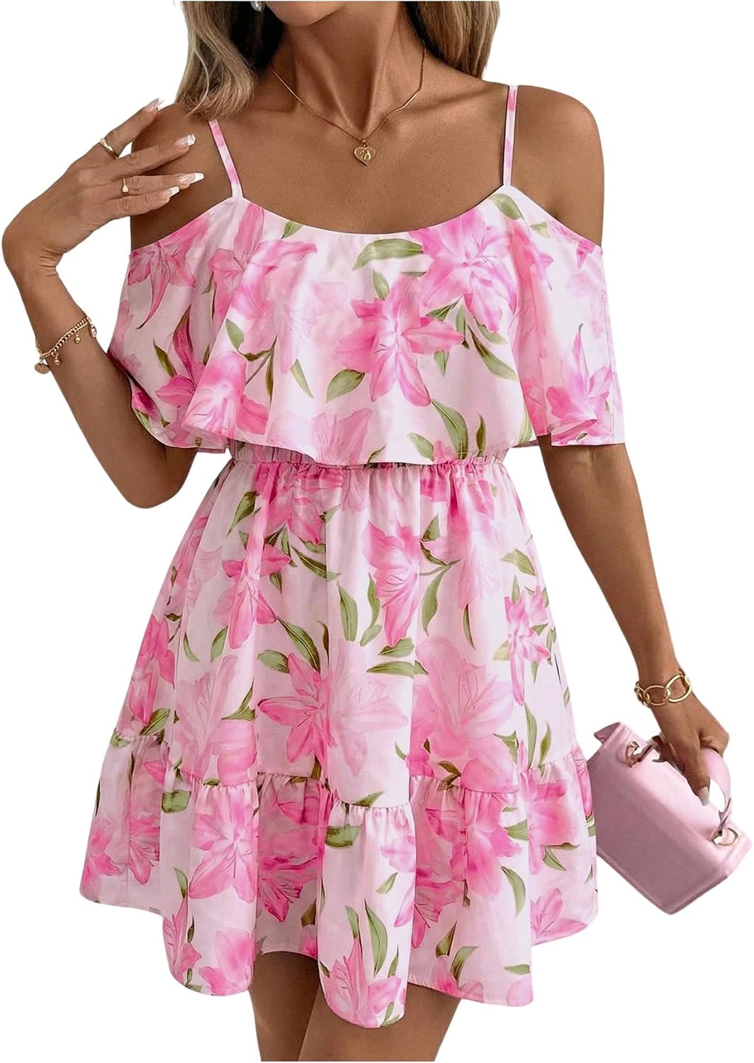 SOLY HUX Women's Summer Floral Mini Dress Cold Shoulder Ruffle Dresses | Boho, Short Sleeve, A Line, Vacation, Sundress