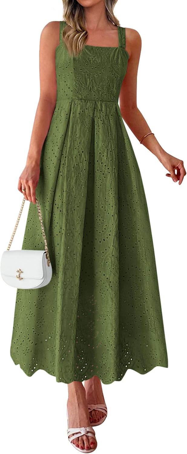 PRETTYGARDEN Womens Sleeveless Eyelet Summer Dresses Pockets | Hollow Out Embroidered Cotton,Adjustable Straps,Square Neck Ruffle Maxi Dress,Smocked back,Flowy Beach Vacation Sundress
