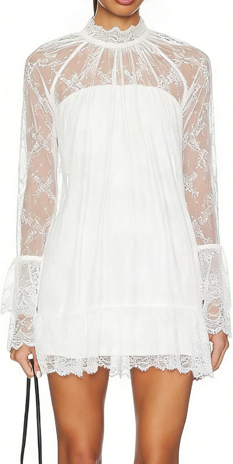 Women See Through Long Sleeve Lace Mini Dress Ruffle Layered Sheer Lace Short Dresses Sexy Going Out Cover Up Dresses