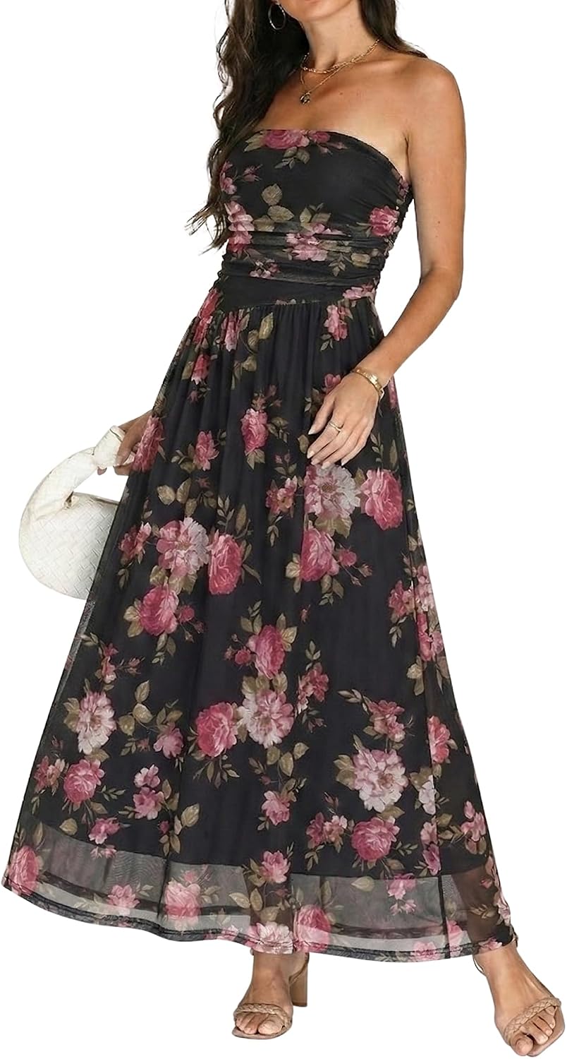 OULESIS Floral Wedding Guest Dresses for Women Mesh Long Flowy Formal Dress | Summer Floral Wedding Guest Maxi Dress for Women Strapless Tube Long Dresses Mesh Flowy Vacation Cocktail Dresses