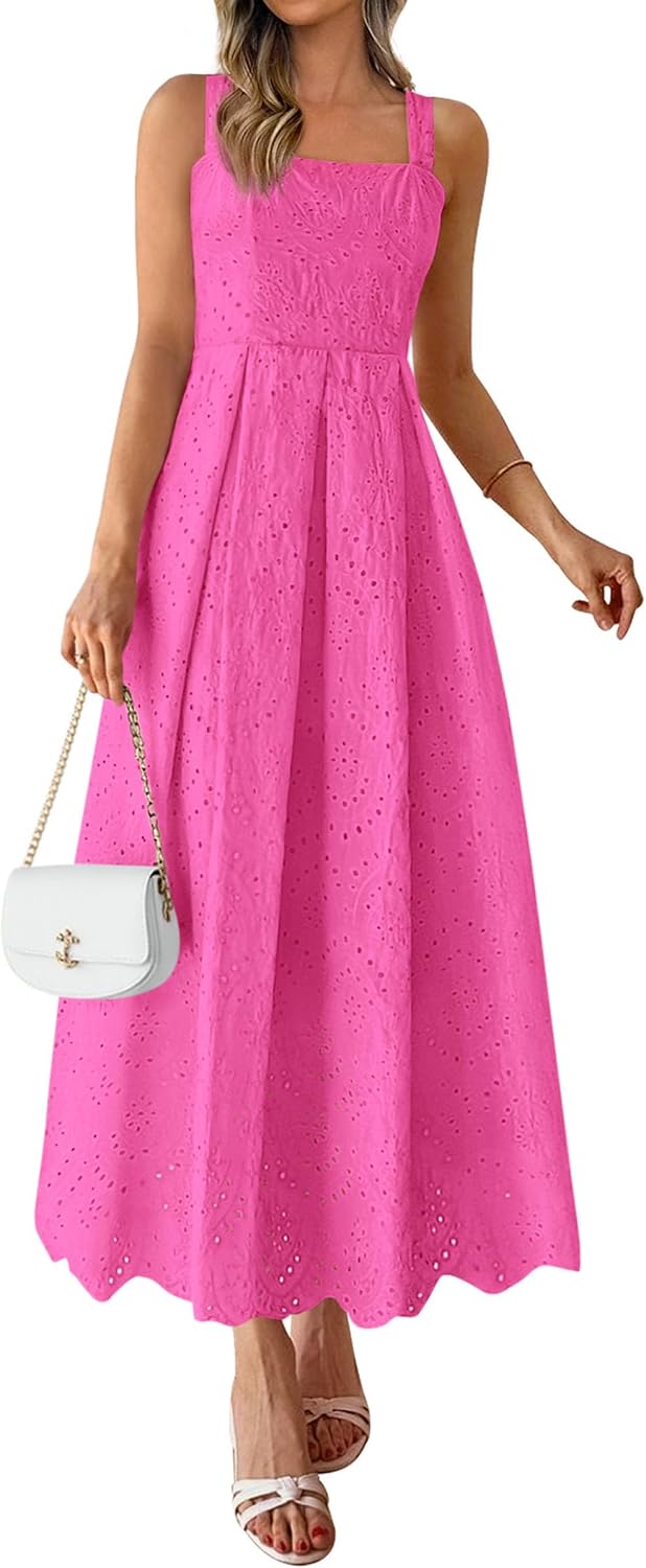 PRETTYGARDEN Womens Sleeveless Eyelet Summer Dresses Pockets | Hollow Out Embroidered Cotton,Adjustable Straps,Square Neck Ruffle Maxi Dress,Smocked back,Flowy Beach Vacation Sundress