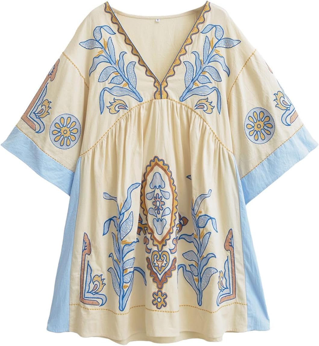 Joiemont Womens Oversized Embroidered Dress with V-Neck and 3\/4 Sleeves Vintage Embroidery Babydoll Dress