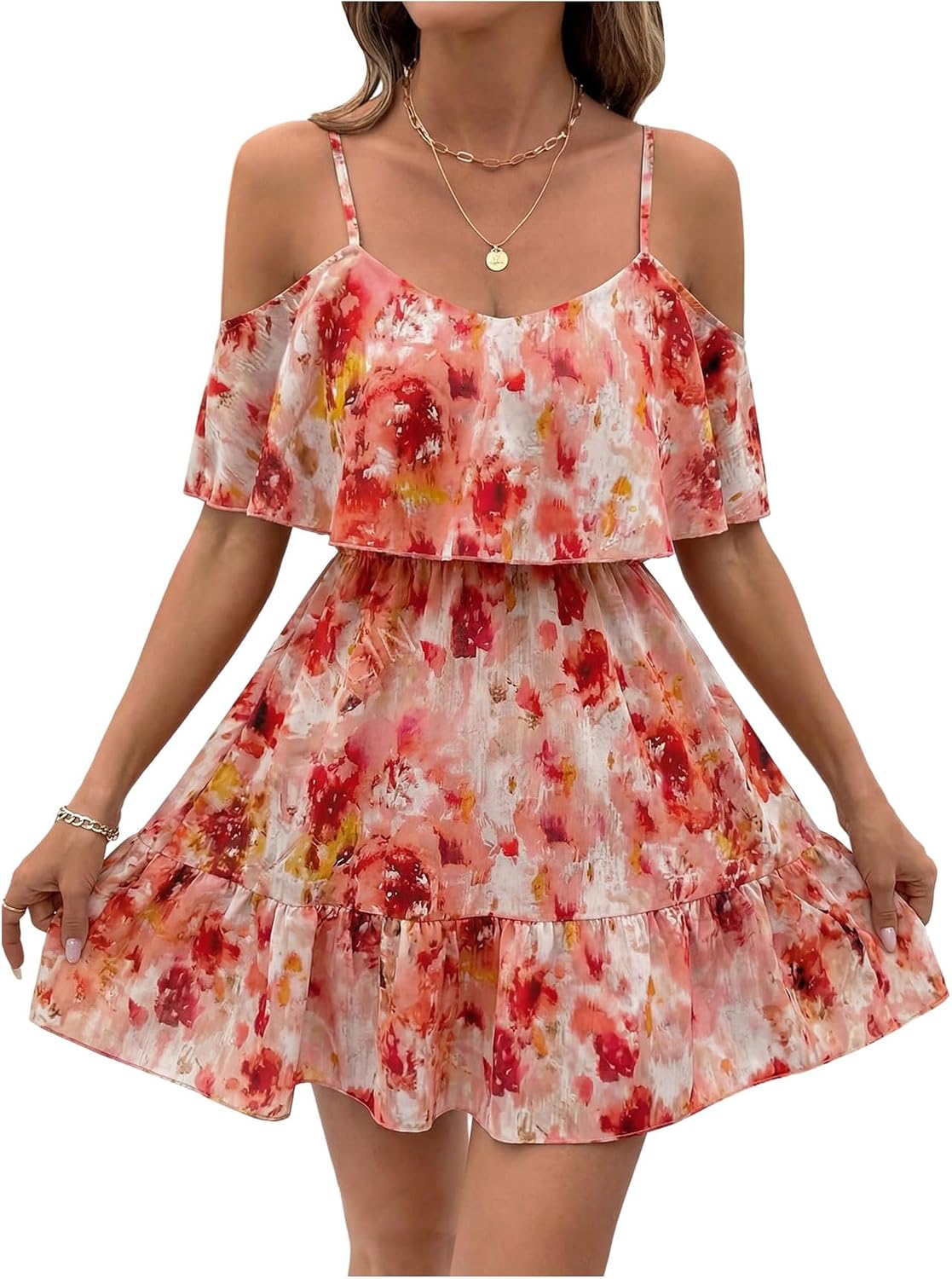 SOLY HUX Women's Summer Floral Mini Dress Cold Shoulder Ruffle Dresses | Boho, Short Sleeve, A Line, Vacation, Sundress