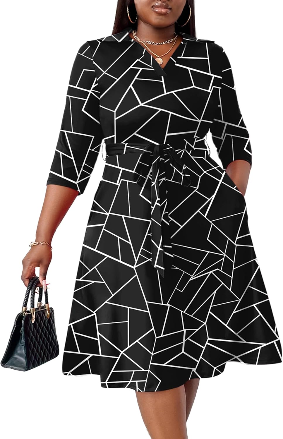 FANDEE Plus Size Midi Dress for Women Casual - Fit and Flare Summer Dresses | Semi Formal,African Print,Polo Collar Cocktail Dress,With Pockets And Belt