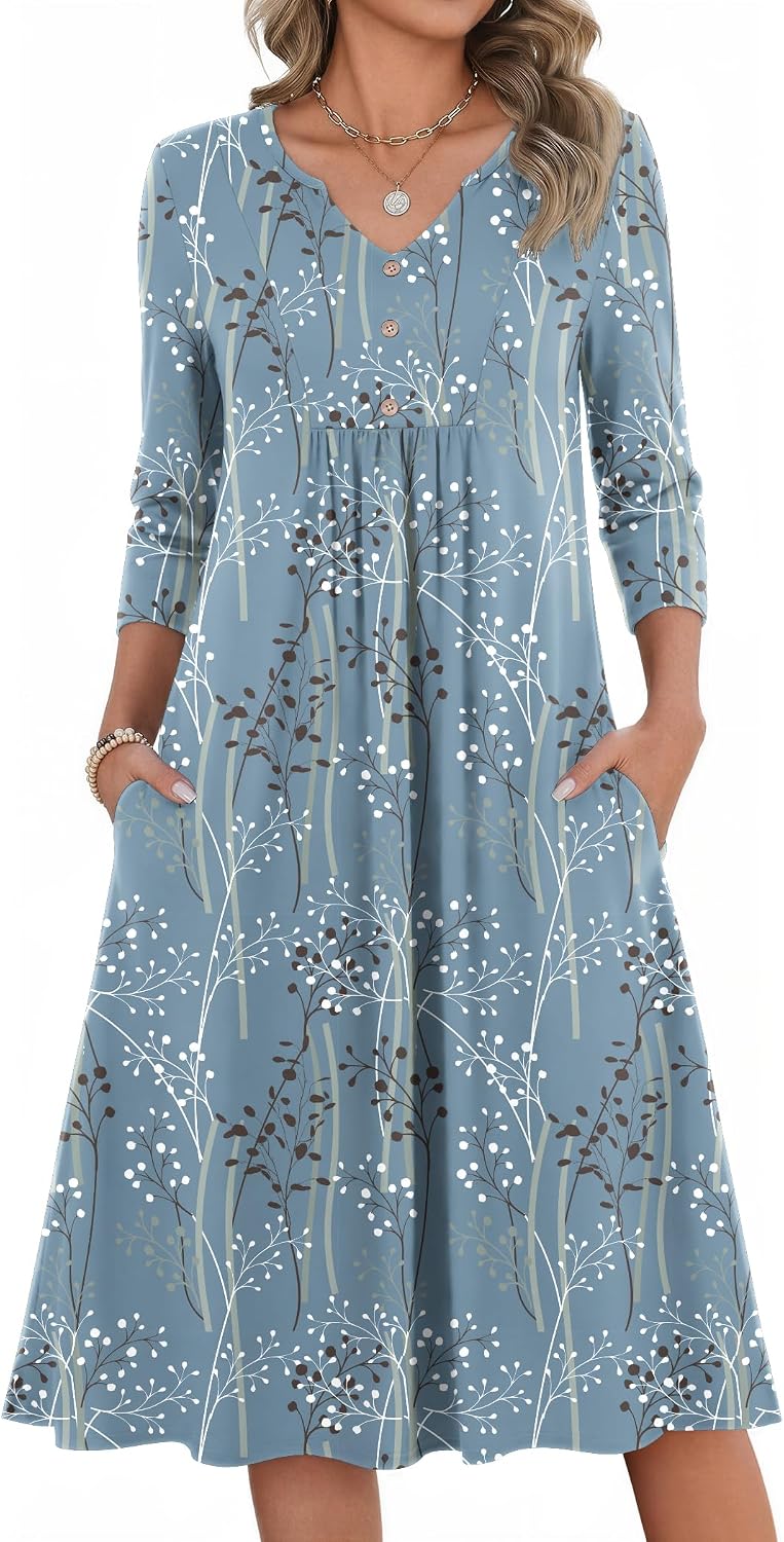 Zeagoo Womens Dresses 3\/4 Sleeve Casual Fall A Line Midi Dress with Pockets | V Neck Empire Waist Sundress, Button Decor, Floral, Boho, Solid Color, Loose Fit, Flowy, Vacation Sundresses