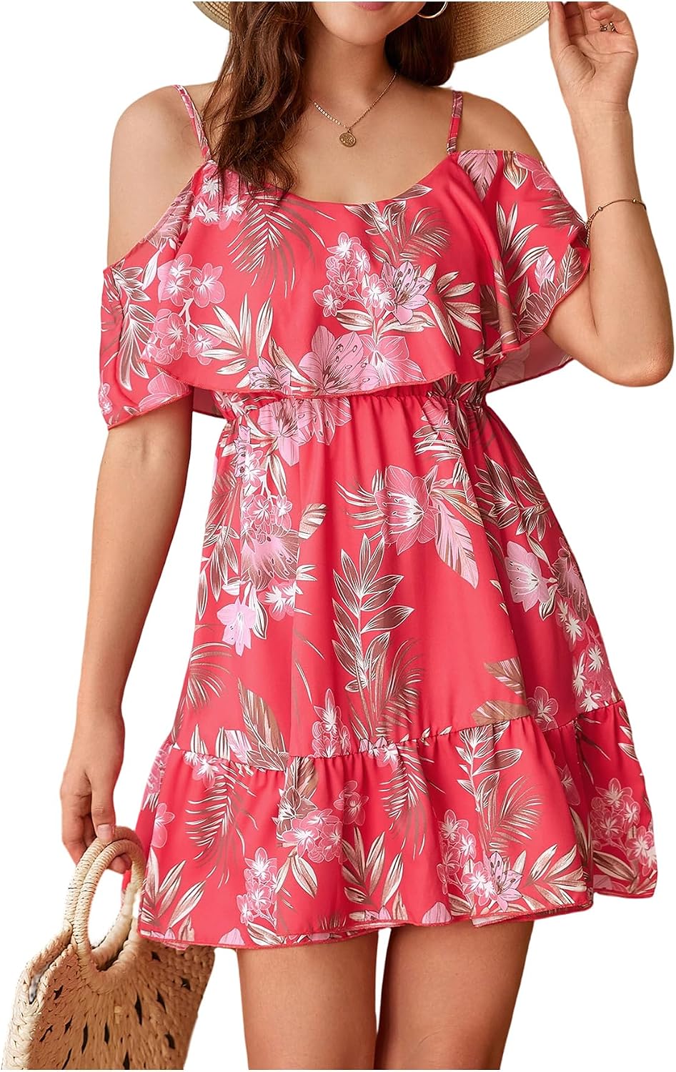 SOLY HUX Women's Summer Floral Mini Dress Cold Shoulder Ruffle Dresses | Boho, Short Sleeve, A Line, Vacation, Sundress