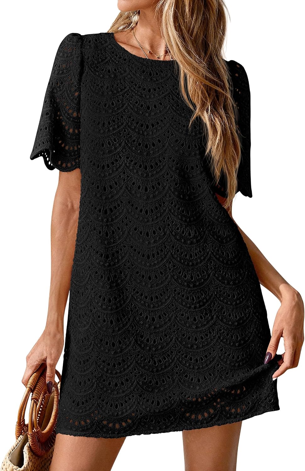 PRETTYGARDEN Women's Summer Eyelet Lace Short Dress | Hollow Out Embroidered, Short Sleeve Crewneck, Cute Wavy Cuff, Mini Shift, Boho Casual, Elegant Party, Beach Vacation Clothes