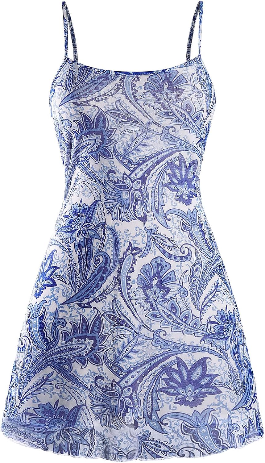 Milumia Women\u2018s Summer Mini Dress 90s Boho A Line Mesh Short Dresses | Spaghetti Strap,Sleeveless,Vintage,Paisley Print,Festival Outfits,Cowgirl,Y2k,Goth