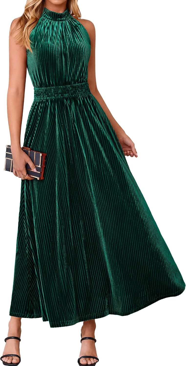 Simplee Womens Velvet Elegant Halter Neck Semi Formal Wedding Guest Dresses | 2026 Trendy, Empire Waist, A Line, Sleeveless, Flowy Maxi, Evening Party, Holiday, Long Cocktail, Prom, Fall Winter Fashion