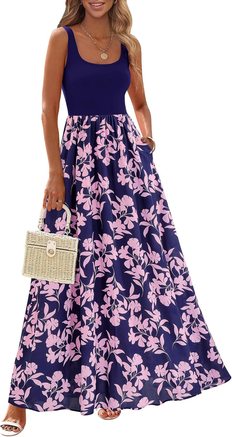 KIRUNDO Women's Summer Maxi Dress Boho Floral Long Sundress | Sleeveless Scoop Neck Tank, Flowy A Line, Bohemian Hawaiian Style Tropical Dresses Pockets, Beach Vacation Cruise Resort Wear