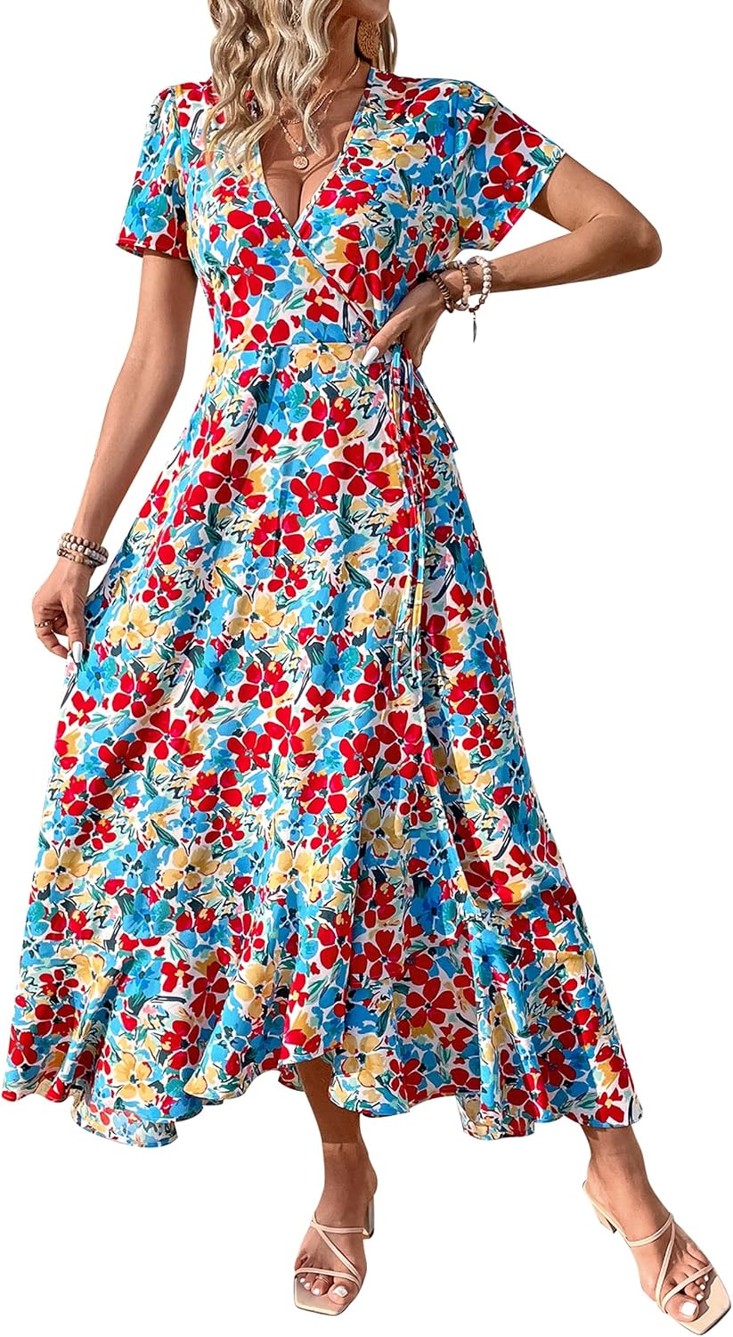 PRETTYGARDEN Women's Boho Floral Summer Maxi Dresses | Short Sleeve Wrap V Neck, Long Flowy Sundress, Spring Wedding Guest Party Outfits, Ruffle Beach Vacation Dress, Resort Wear