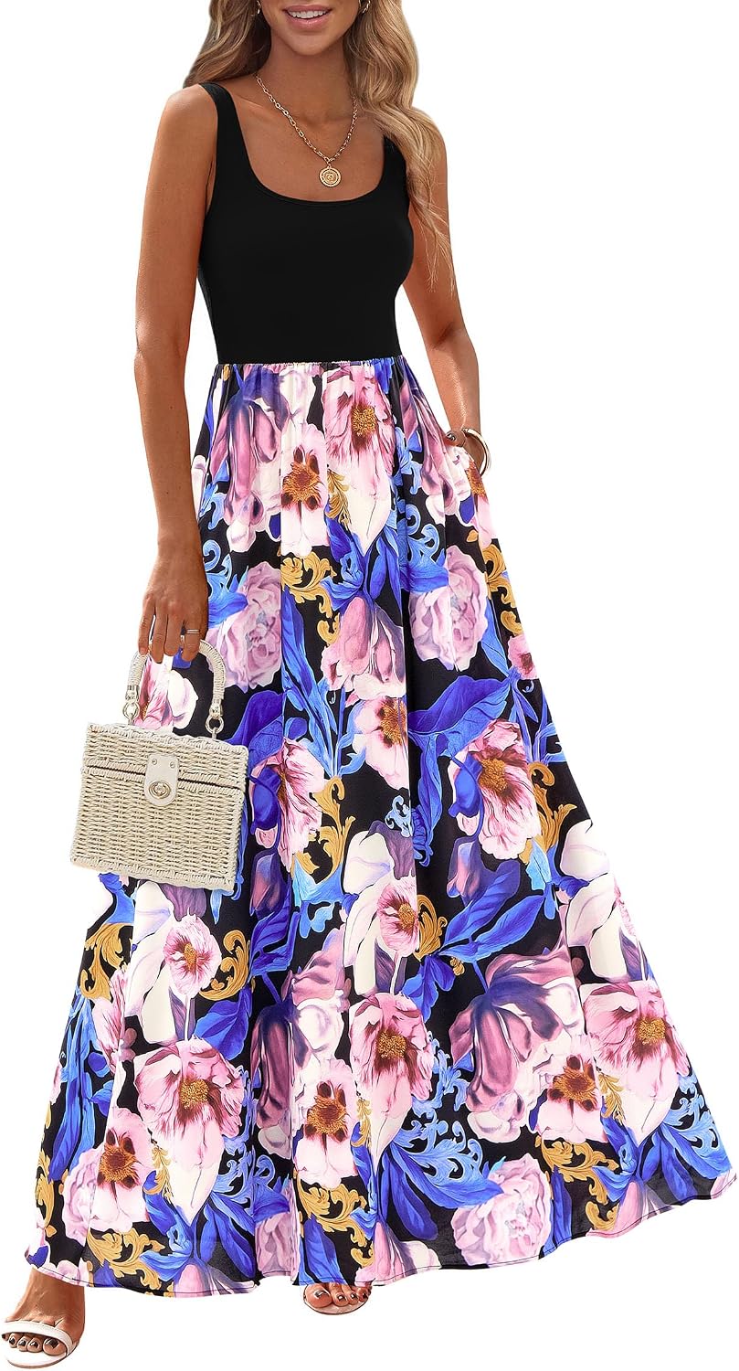 KIRUNDO Women's Summer Maxi Dress Boho Floral Long Sundress | Sleeveless Scoop Neck Tank, Flowy A Line, Bohemian Hawaiian Style Tropical Dresses Pockets, Beach Vacation Cruise Resort Wear