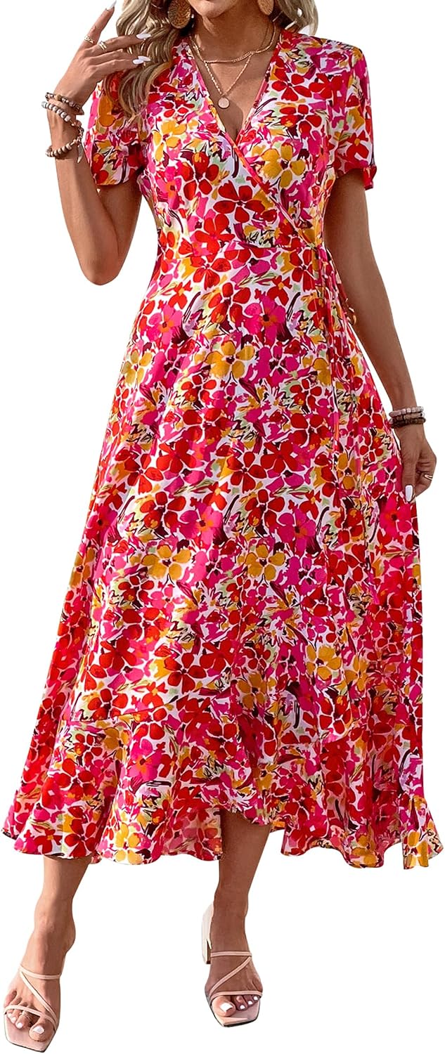 PRETTYGARDEN Women's Boho Floral Summer Maxi Dresses | Short Sleeve Wrap V Neck, Long Flowy Sundress, Spring Wedding Guest Party Outfits, Ruffle Beach Vacation Dress, Resort Wear