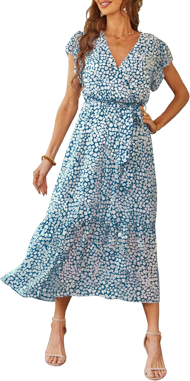 PRETTYGARDEN Women's Summer Floral Boho Maxi Dress | Short Sleeve Wrap V Neck, Long Flowy Ruffle Dresses, Spring Wedding Guest Outfits for Beach Vacation, Resort Wear, Tea Party