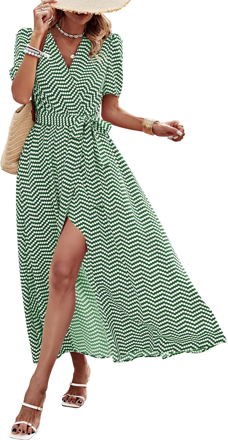 PRETTYGARDEN Women's Boho Floral Summer Maxi Dresses | Short Sleeve Wrap V Neck, Long Flowy Sundress, Spring Wedding Guest Party Outfits, Ruffle Beach Vacation Dress, Resort Wear