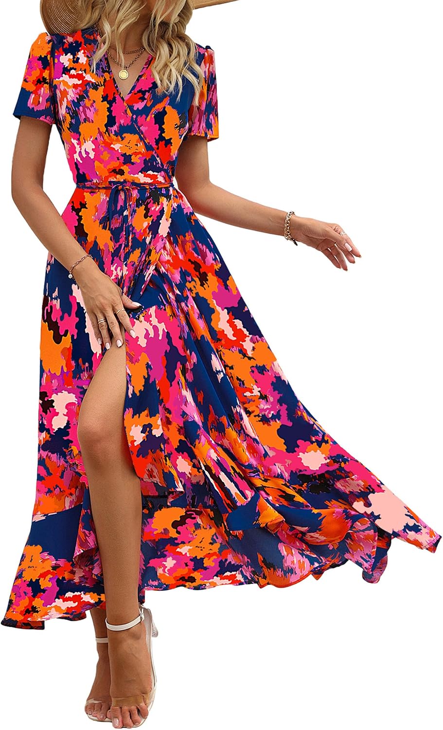 PRETTYGARDEN Women's Boho Floral Summer Maxi Dresses | Short Sleeve Wrap V Neck, Long Flowy Sundress, Spring Wedding Guest Party Outfits, Ruffle Beach Vacation Dress, Resort Wear