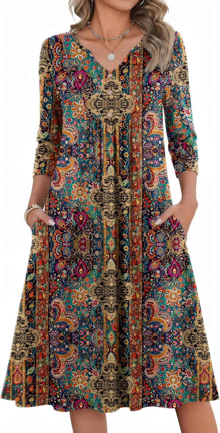 Zeagoo Womens Dresses 3\/4 Sleeve Casual Fall A Line Midi Dress with Pockets | V Neck Empire Waist Sundress, Button Decor, Floral, Boho, Solid Color, Loose Fit, Flowy, Vacation Sundresses