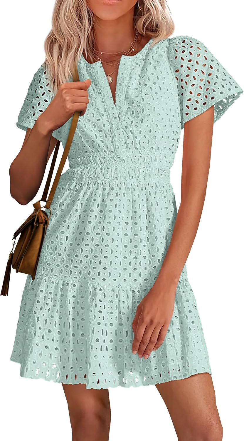 PRETTYGARDEN Women's Summer Eyelet Lace Short Dresses | Embroidered Hollow Out, Short Sleeve V Neck, Ruffle A Line, Cute Casual Trendy, Party Wedding Guest, Beach Vacation Clothes