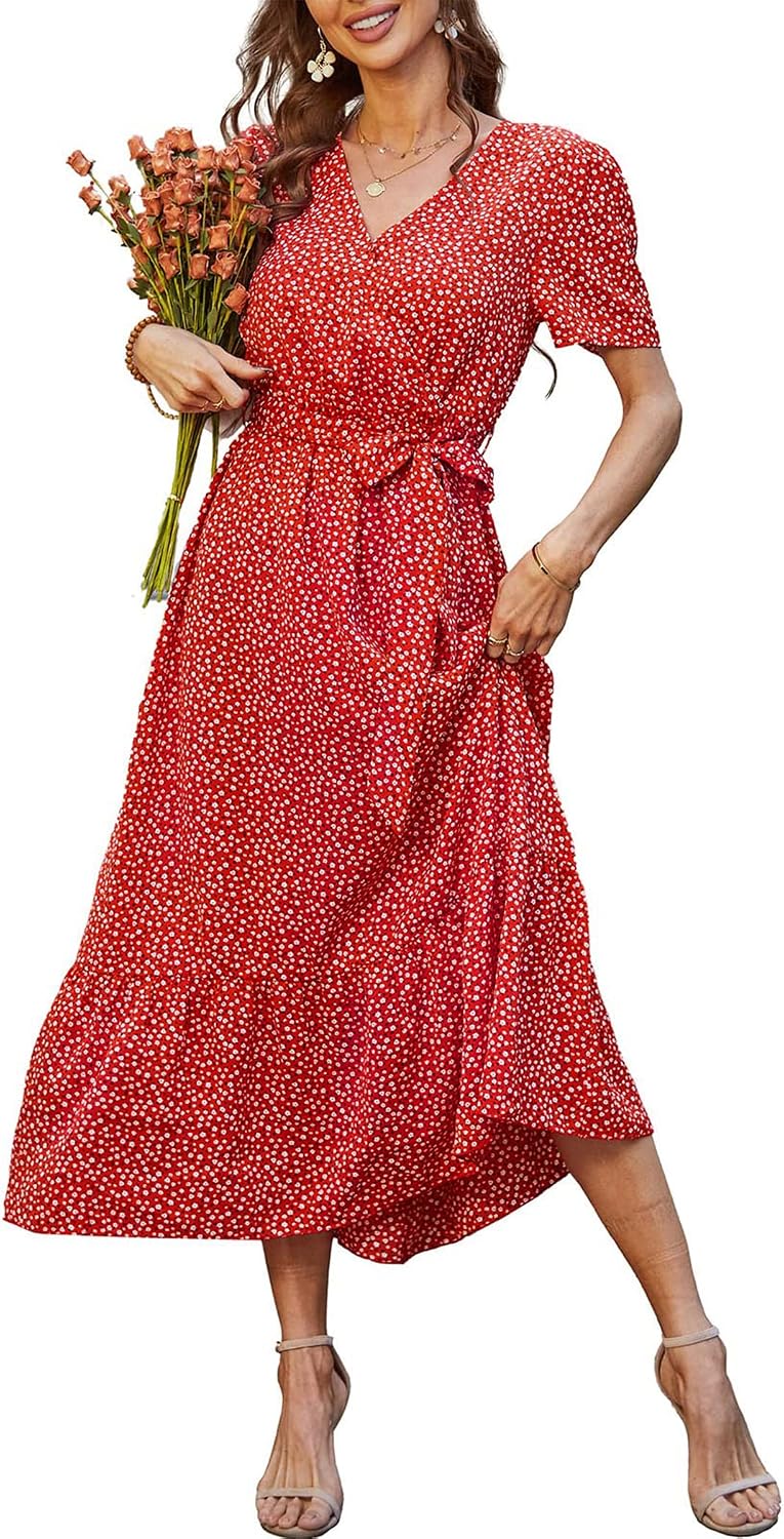 PRETTYGARDEN Women's Summer Floral Boho Maxi Dress | Short Sleeve Wrap V Neck, Long Flowy Ruffle Dresses, Spring Wedding Guest Outfits for Beach Vacation, Resort Wear, Tea Party