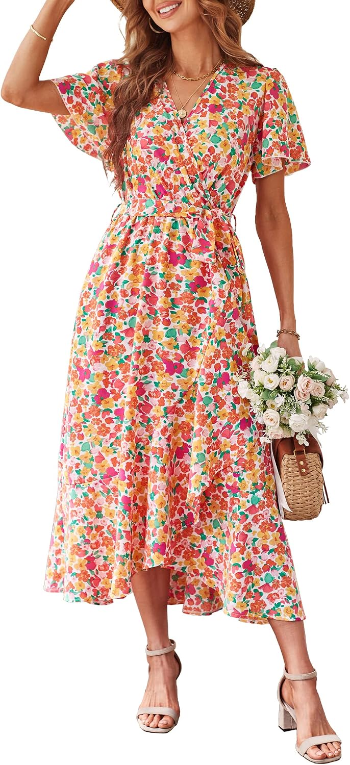 PRETTYGARDEN Women's Summer Floral Boho Maxi Dress | Short Sleeve Wrap V Neck, Long Flowy Ruffle Dresses, Spring Wedding Guest Outfits for Beach Vacation, Resort Wear, Tea Party