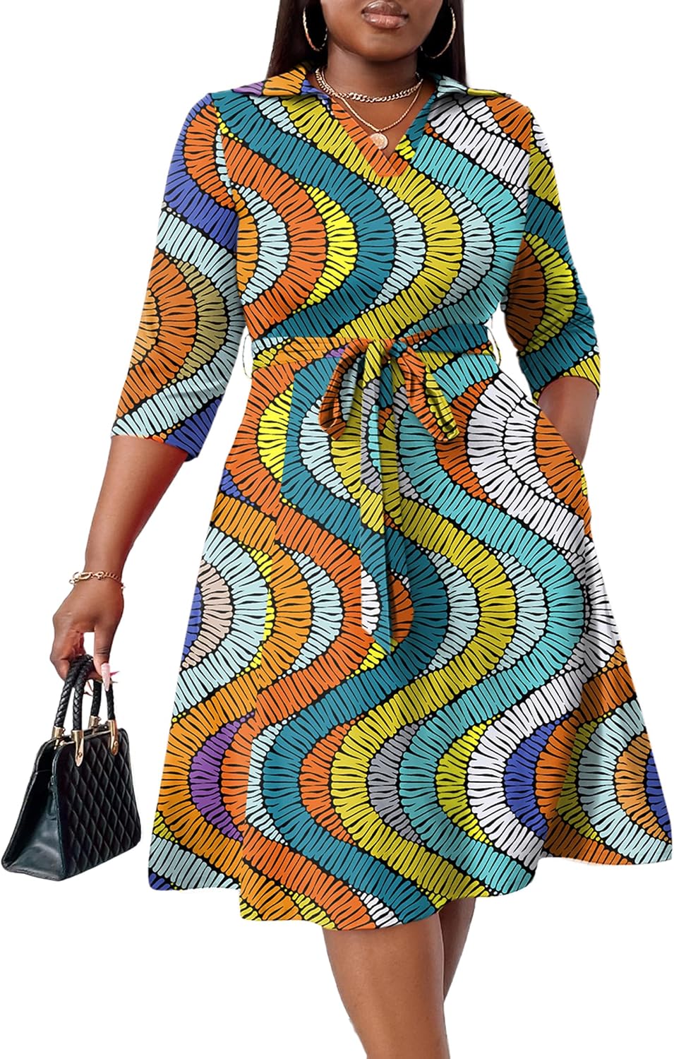 FANDEE Plus Size Midi Dress for Women Casual - Fit and Flare Summer Dresses | Semi Formal,African Print,Polo Collar Cocktail Dress,With Pockets And Belt