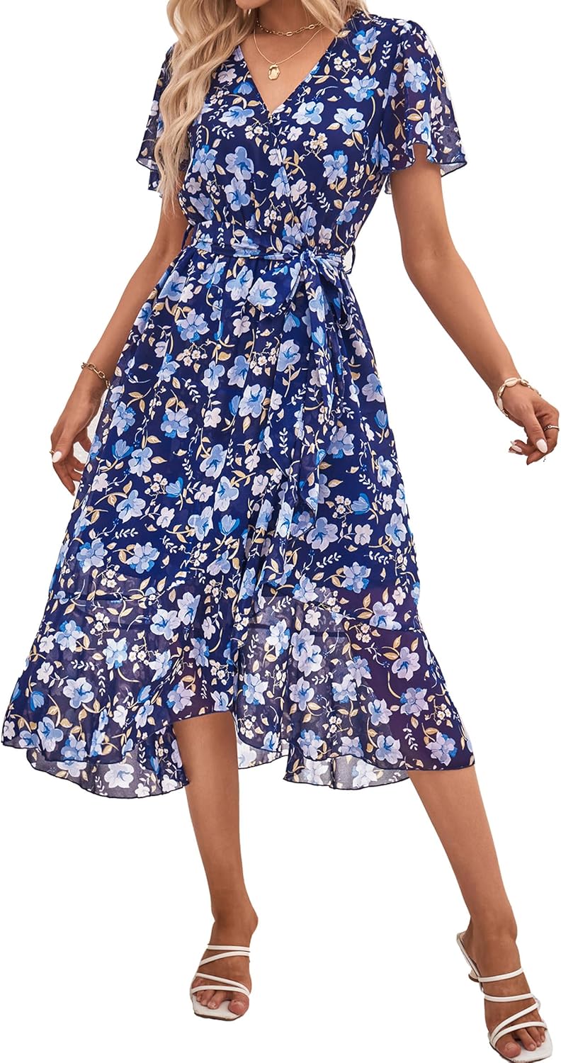 PRETTYGARDEN Women's Summer Floral Boho Maxi Dress | Short Sleeve Wrap V Neck, Long Flowy Ruffle Dresses, Spring Wedding Guest Outfits for Beach Vacation, Resort Wear, Tea Party