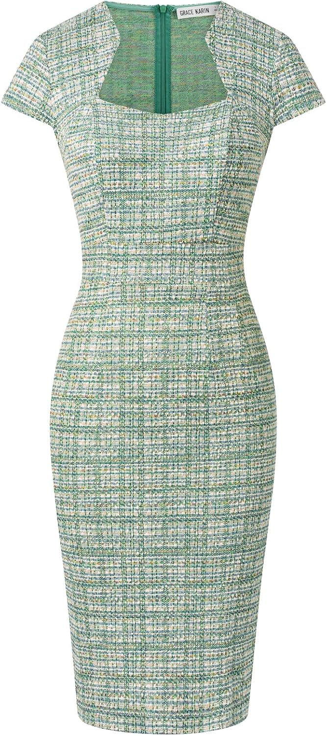 GRACE KARIN Work Dresses for Women Tweed Pencil Dress | Cap sleeve, Knee-length, Zipper back, Sweetheart neck, Stretch fabric, Formal office work business sheath dress