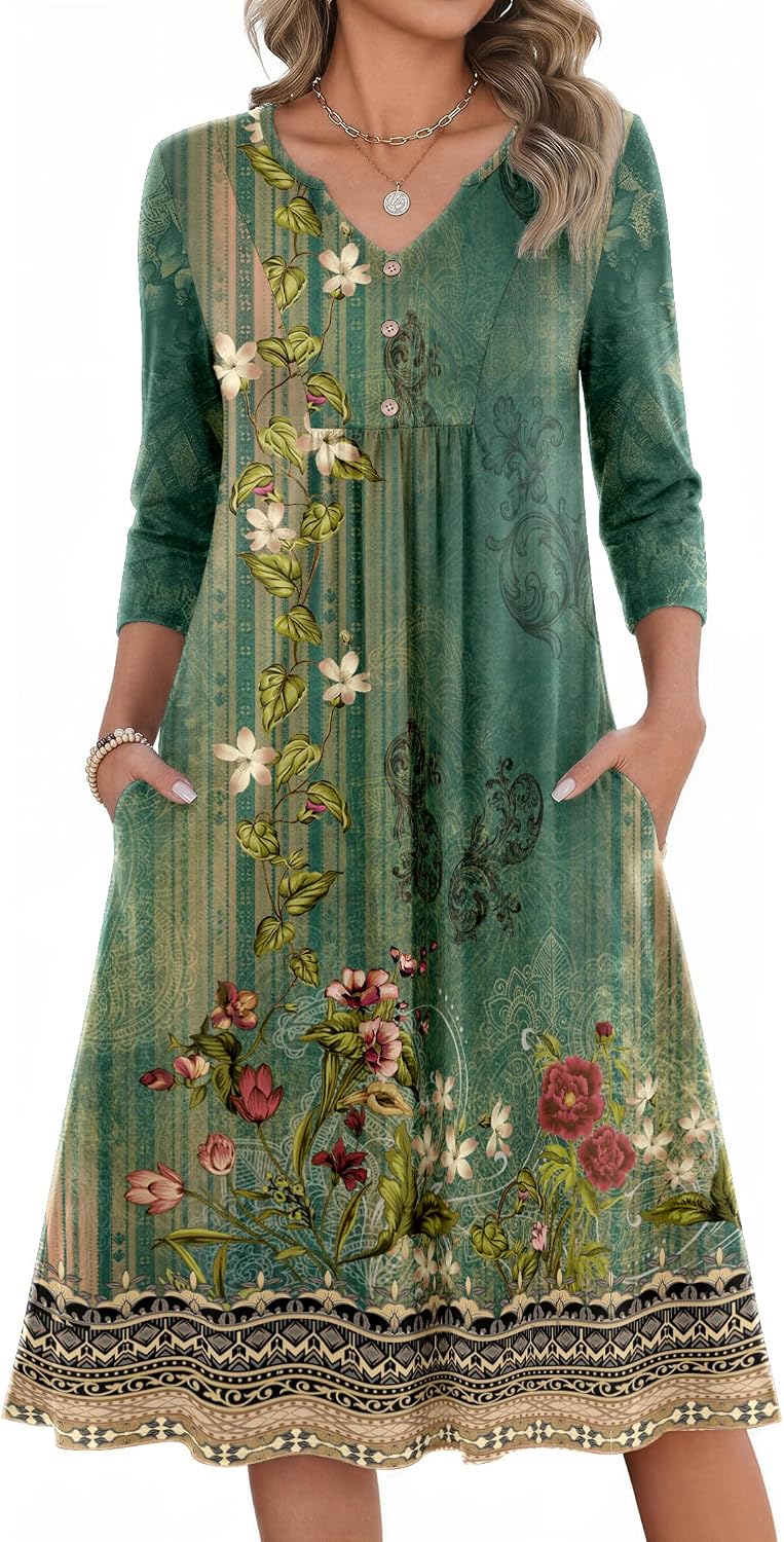 Zeagoo Womens Dresses 3\/4 Sleeve Casual Fall A Line Midi Dress with Pockets | V Neck Empire Waist Sundress, Button Decor, Floral, Boho, Solid Color, Loose Fit, Flowy, Vacation Sundresses