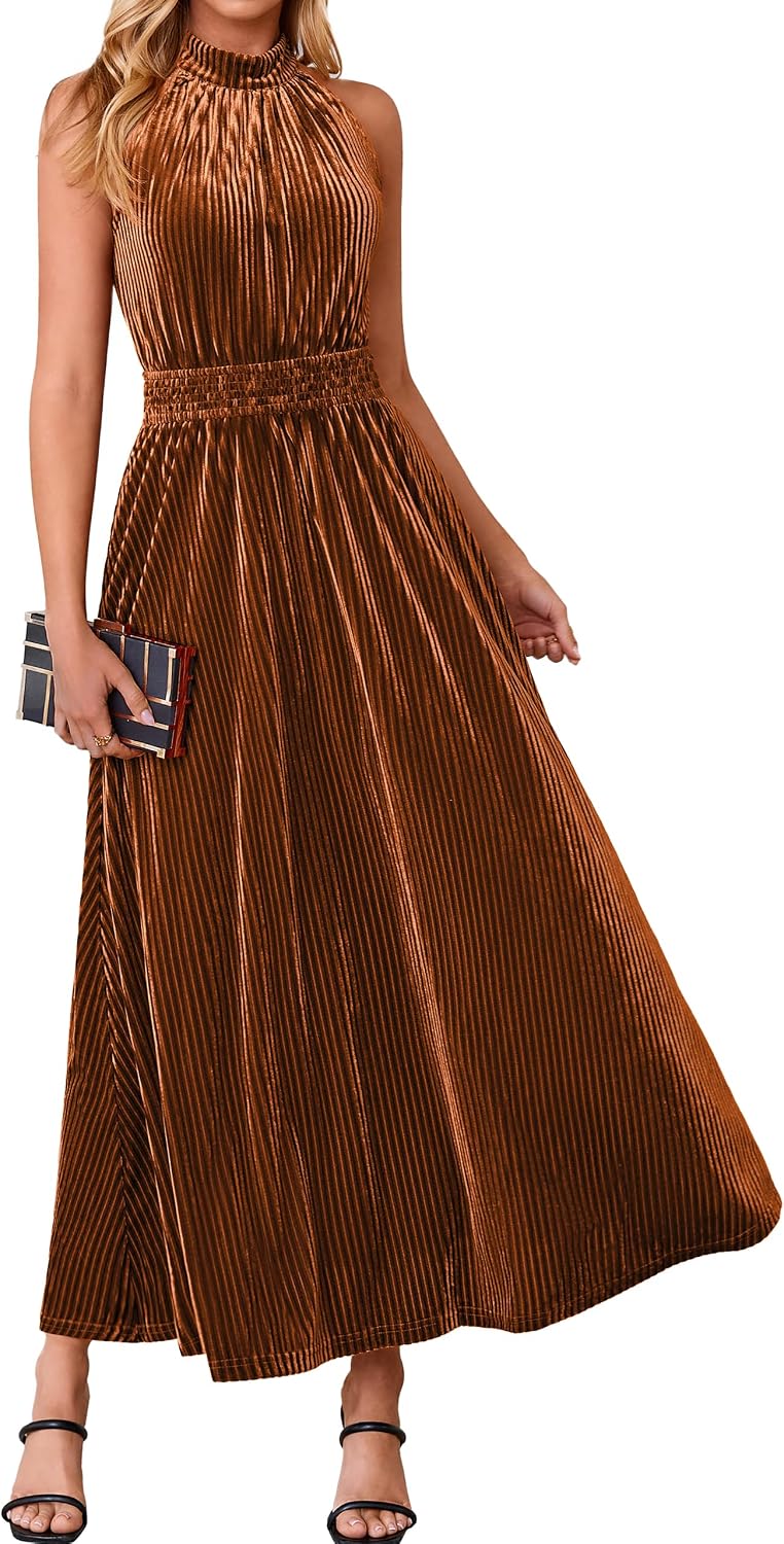 Simplee Womens Velvet Elegant Halter Neck Semi Formal Wedding Guest Dresses | 2026 Trendy, Empire Waist, A Line, Sleeveless, Flowy Maxi, Evening Party, Holiday, Long Cocktail, Prom, Fall Winter Fashion