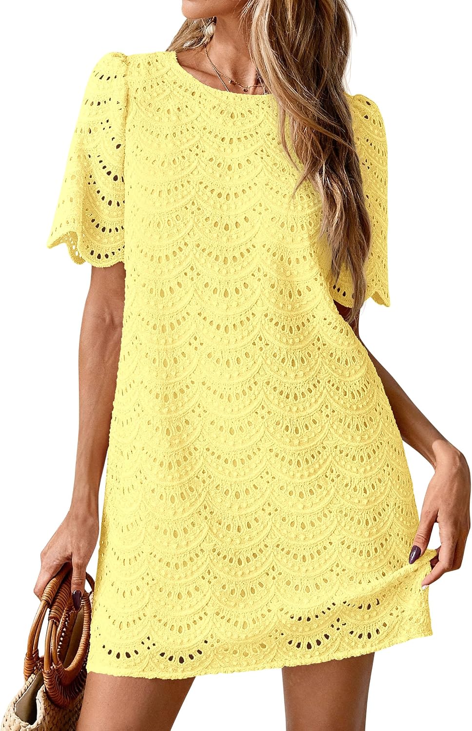 PRETTYGARDEN Women's Summer Eyelet Lace Short Dress | Hollow Out Embroidered, Short Sleeve Crewneck, Cute Wavy Cuff, Mini Shift, Boho Casual, Elegant Party, Beach Vacation Clothes