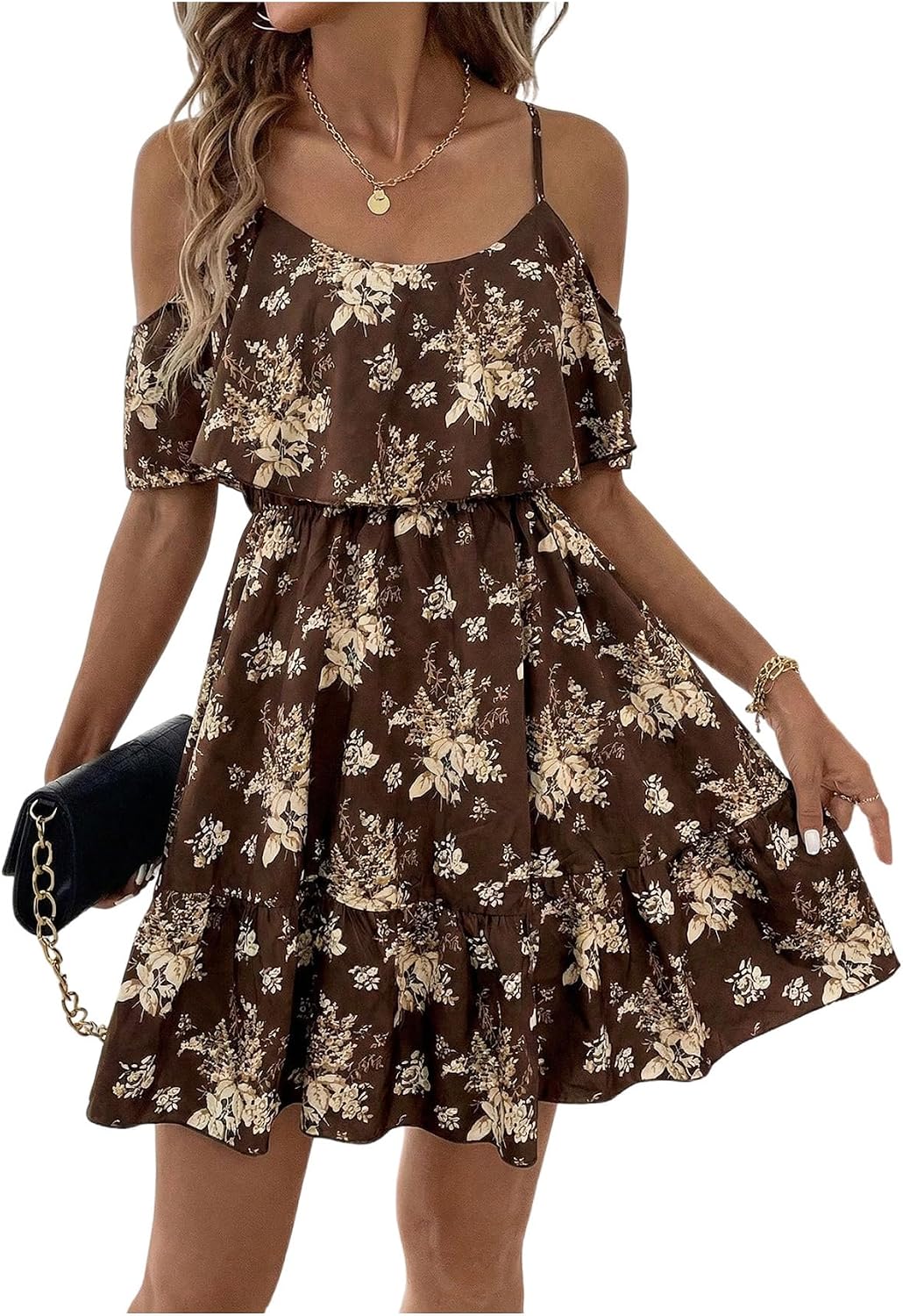 SOLY HUX Women's Summer Floral Mini Dress Cold Shoulder Ruffle Dresses | Boho, Short Sleeve, A Line, Vacation, Sundress