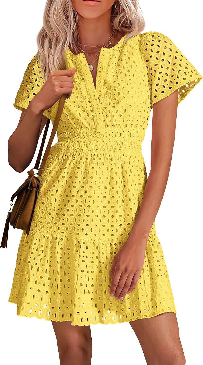 PRETTYGARDEN Women's Summer Eyelet Lace Short Dresses | Embroidered Hollow Out, Short Sleeve V Neck, Ruffle A Line, Cute Casual Trendy, Party Wedding Guest, Beach Vacation Clothes