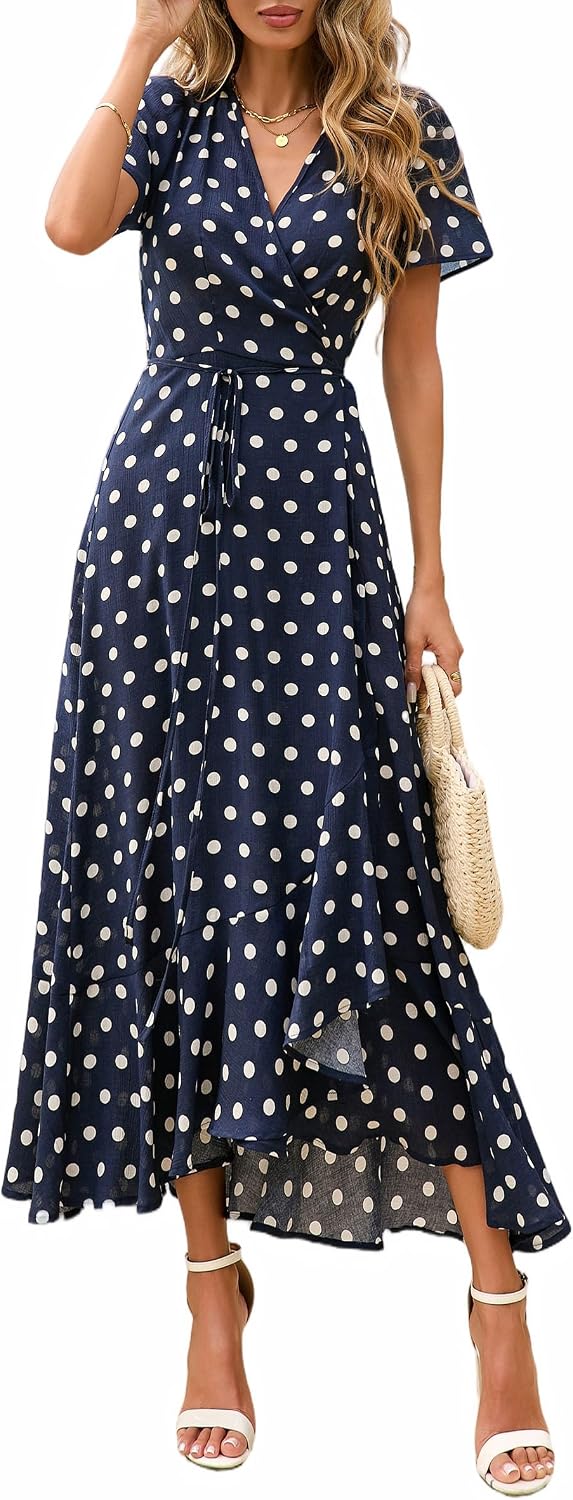 PRETTYGARDEN Women's Boho Floral Summer Maxi Dresses | Short Sleeve Wrap V Neck, Long Flowy Sundress, Spring Wedding Guest Party Outfits, Ruffle Beach Vacation Dress, Resort Wear