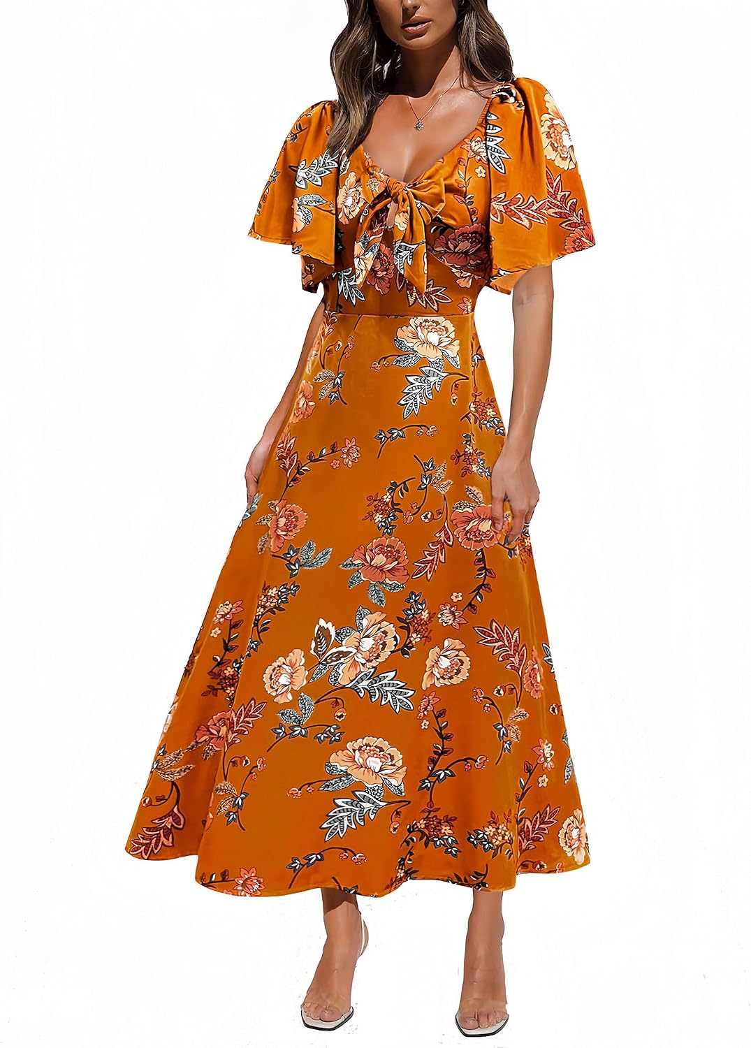 Fashionme 2026 Maxi Dress Women Satin Elegant Floral Tie Front Cap Sleeve | Summer Elegant Smocked Dress,Deep V Neck,Casual Sun Dress,Wedding Guest Graduation Vacation Beach Tea Party, XS-3XL