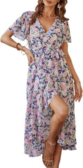 PRETTYGARDEN Women's Summer Floral Boho Maxi Dress | Short Sleeve Wrap V Neck, Long Flowy Ruffle Dresses, Spring Wedding Guest Outfits for Beach Vacation, Resort Wear, Tea Party