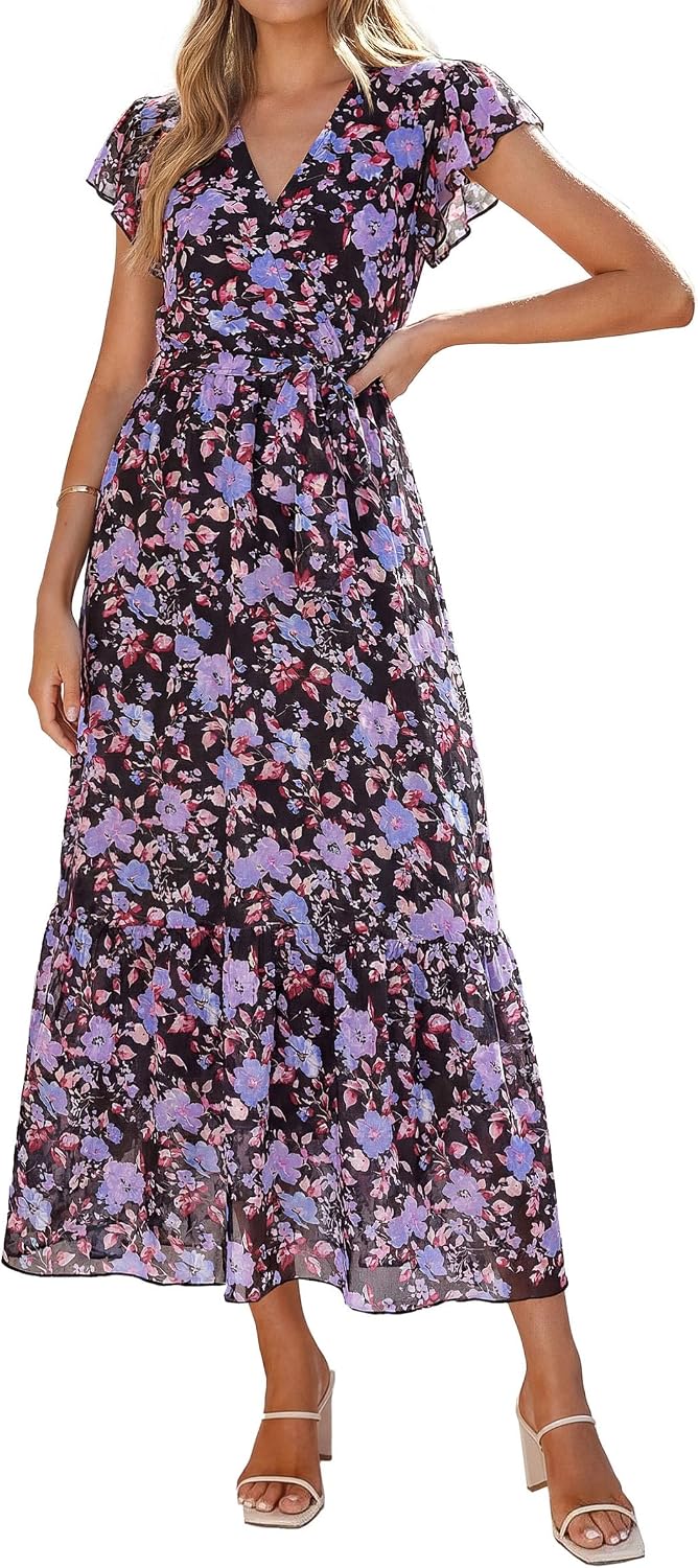 PRETTYGARDEN Women's Summer Floral Boho Maxi Dress | Short Sleeve Wrap V Neck, Long Flowy Ruffle Dresses, Spring Wedding Guest Outfits for Beach Vacation, Resort Wear, Tea Party
