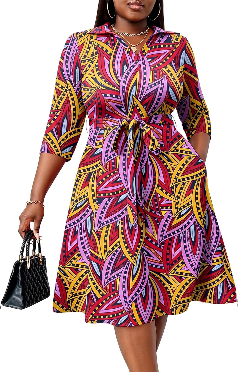 FANDEE Plus Size Midi Dress for Women Casual - Fit and Flare Summer Dresses | Semi Formal,African Print,Polo Collar Cocktail Dress,With Pockets And Belt