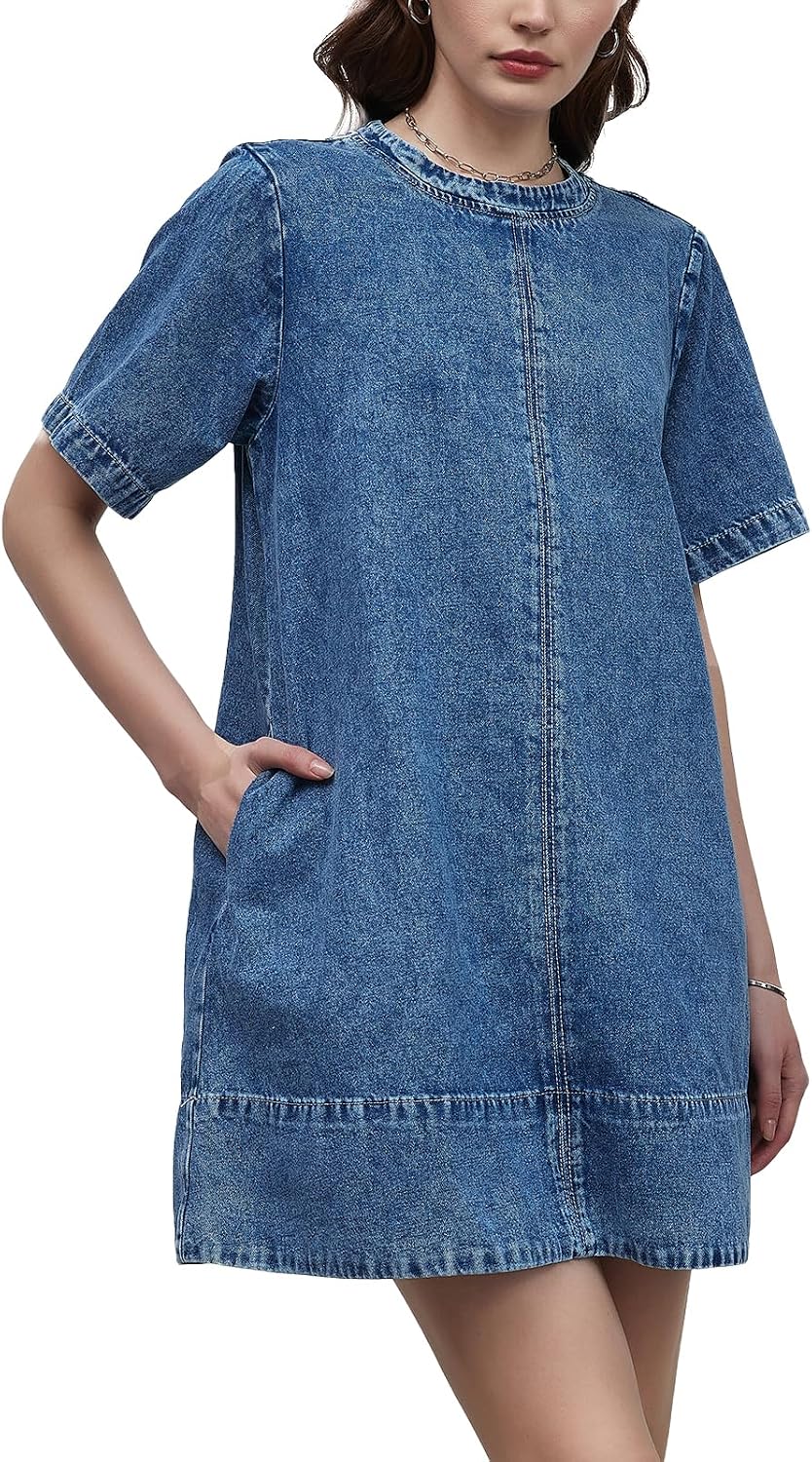 LifeShe Denim Dress for Women Summer Casual Short Sleeve Chambray Mini Jean Dresses with Pockets