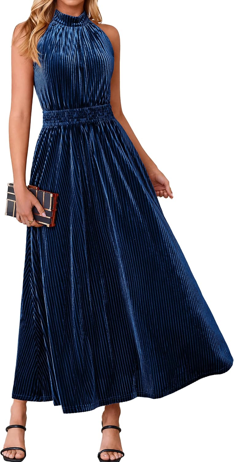 Simplee Womens Velvet Elegant Halter Neck Semi Formal Wedding Guest Dresses | 2026 Trendy, Empire Waist, A Line, Sleeveless, Flowy Maxi, Evening Party, Holiday, Long Cocktail, Prom, Fall Winter Fashion