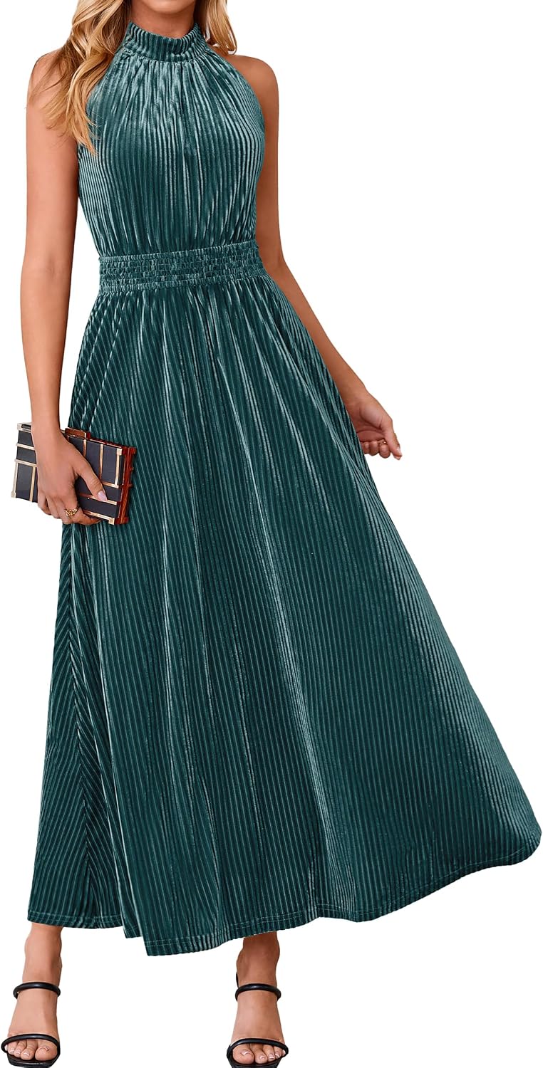 Simplee Womens Velvet Elegant Halter Neck Semi Formal Wedding Guest Dresses | 2026 Trendy, Empire Waist, A Line, Sleeveless, Flowy Maxi, Evening Party, Holiday, Long Cocktail, Prom, Fall Winter Fashion