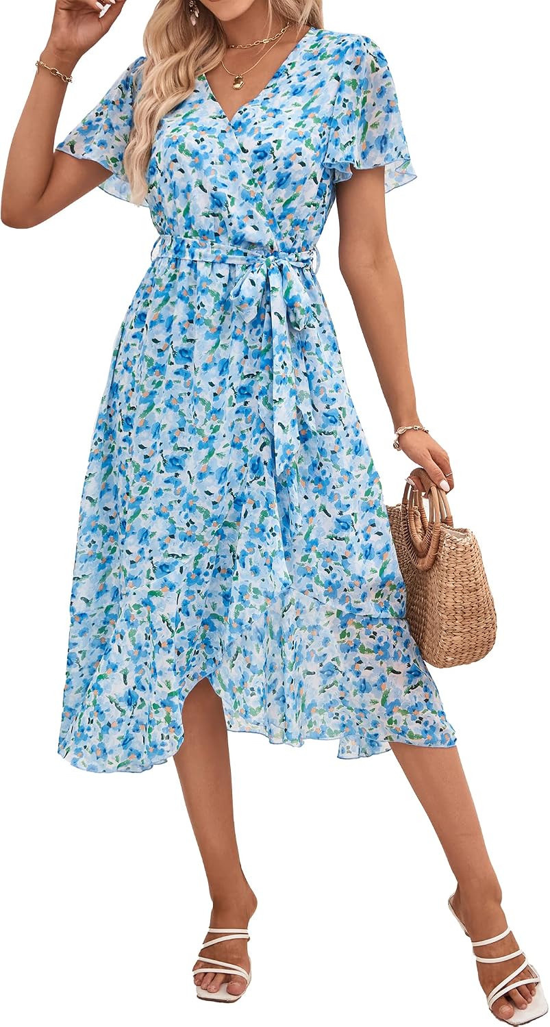 PRETTYGARDEN Women's Summer Floral Boho Maxi Dress | Short Sleeve Wrap V Neck, Long Flowy Ruffle Dresses, Spring Wedding Guest Outfits for Beach Vacation, Resort Wear, Tea Party