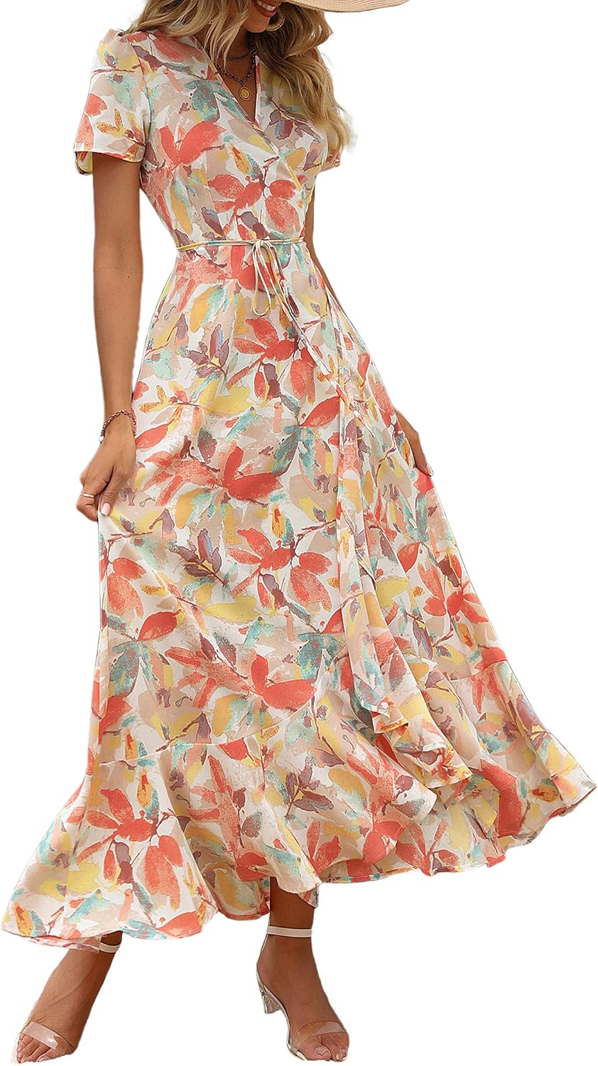 PRETTYGARDEN Women's Boho Floral Summer Maxi Dresses | Short Sleeve Wrap V Neck, Long Flowy Sundress, Spring Wedding Guest Party Outfits, Ruffle Beach Vacation Dress, Resort Wear