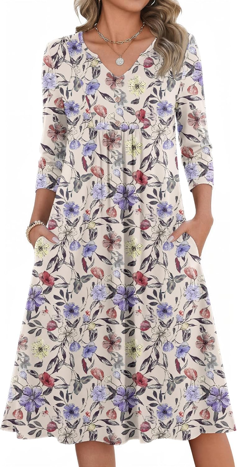 Zeagoo Womens Dresses 3\/4 Sleeve Casual Fall A Line Midi Dress with Pockets | V Neck Empire Waist Sundress, Button Decor, Floral, Boho, Solid Color, Loose Fit, Flowy, Vacation Sundresses