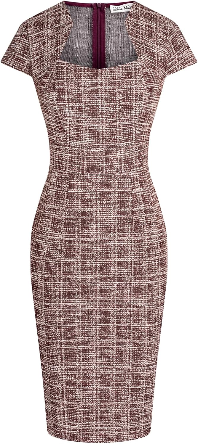 GRACE KARIN Work Dresses for Women Tweed Pencil Dress | Cap sleeve, Knee-length, Zipper back, Sweetheart neck, Stretch fabric, Formal office work business sheath dress
