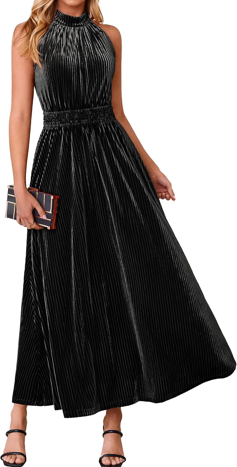 Simplee Womens Velvet Elegant Halter Neck Semi Formal Wedding Guest Dresses | 2026 Trendy, Empire Waist, A Line, Sleeveless, Flowy Maxi, Evening Party, Holiday, Long Cocktail, Prom, Fall Winter Fashion
