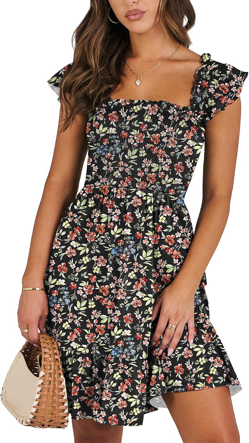 ANRABESS Womens Casual Summer Dress Boho Smocked Beach Cute Teen Sundress | Ruffle Backless Square Neck Sleeveless Short Dress, Slim Fit Tiered Floral Mini Dresses for Everyday, 2026 Vacation Outfits