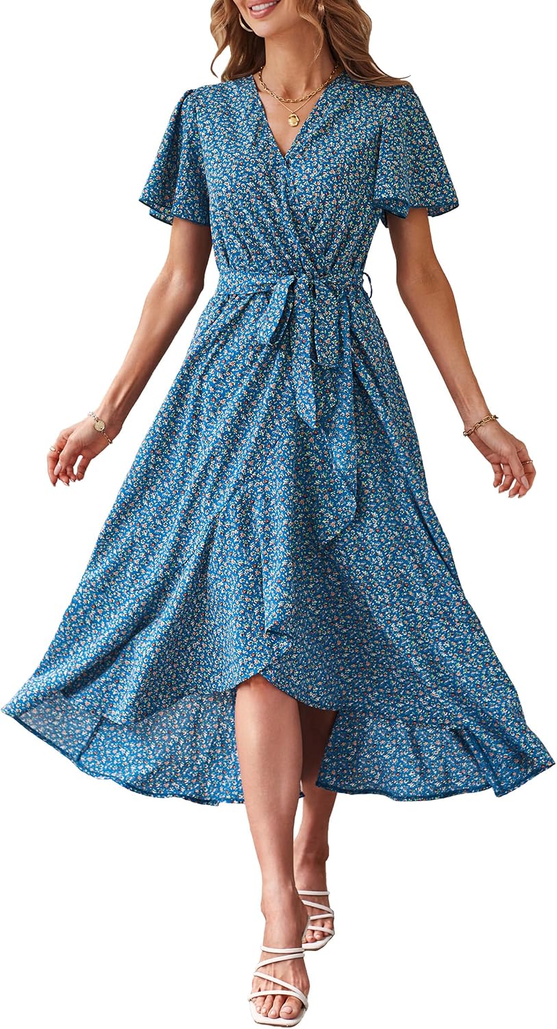 PRETTYGARDEN Women's Summer Floral Boho Maxi Dress | Short Sleeve Wrap V Neck, Long Flowy Ruffle Dresses, Spring Wedding Guest Outfits for Beach Vacation, Resort Wear, Tea Party
